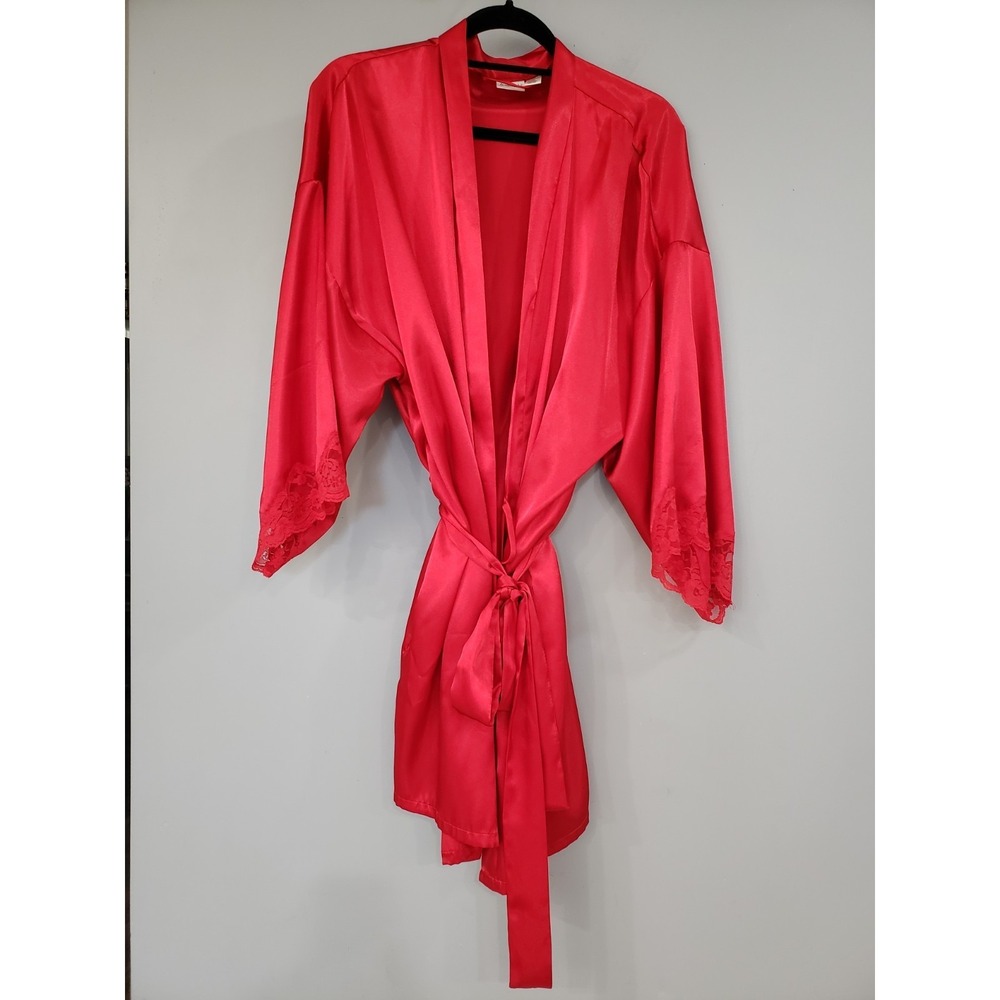 Fredericks of Hollywood Satin ROBE NightGown PLUS SIZE 1X RED LACE LINGERIE
